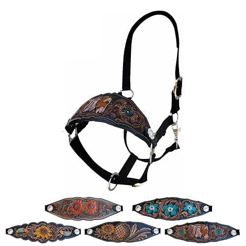 Majestic Ally Equestrian Designer Bronc Halter for Horses, Hand-Tooled Leather Nose, Padded Nylon Crown and Noseband - Image 1