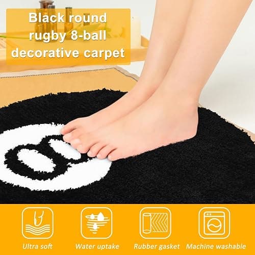 Gatphy 8 Ball Rug Simulation Billiards Round Rugby Decorative Carpet 60CM 80CM Absorbent Non Slip Soft Bath Mat Machine Washable for Living Room Party Decorations (Black, 60X60) thumbnail 4