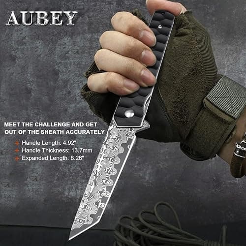 AUBEY Damascus Pocket Knife with Clip, Tanto Blade Damascus Steel Folding Knives for Men Tactical, Aluminum Handle with Glass Breaker for EDC Camping Gift thumbnail 4
