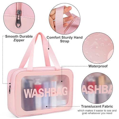 YuanCheng Upgrade Travel Toiletry Bags for Women, Pack-4 Different Size Make Up Bags with Handle, Large Capacity Translucent Waterproof Travel Cosmetic Bags (Comestic Bag-Pink) thumbnail 6
