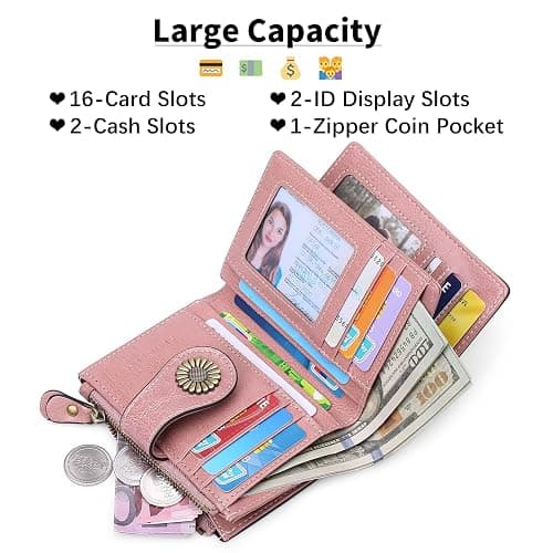SENDEFN Small Womens Wallet Leather Bifold Card Holder RFID Blocking with Zipper Coin Pocket - 1-Wax-A-Pink thumbnail 7