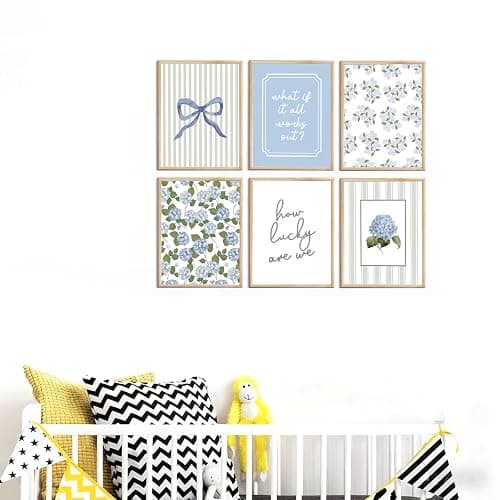 6 Pcs Blue Hydrangea Bow Canvas Wall Art How Lucky Are We Poster Prints Trendy Striped Coquette Paintings Pictures Sage Green Coastal Preppy Aesthetic Wall Decor for Girl Room Bedroom Living Room Office Dorm Apartment 8x10 Inch Unframed thumbnail 5