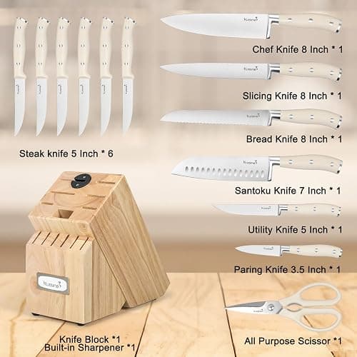 Kuisine Chef Knife Set,High Carbon Stainless Steel Ultra Sharp Blade Ergonomic Handle,Kitchen Knife Block Set with Built-in Sharpener, Elegant Gift for Holiday(Ivory Pro,15PCS) thumbnail 3
