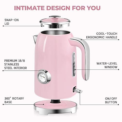 SUSTEAS Electric Kettle - 57oz Hot Tea Water Boiler with Thermometer, 1500W Fast Heating Stainless Steel Pot, Cordless LED Indicator, Auto Shut-Off & Boil Dry Protection, Pink thumbnail 4