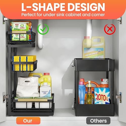 Under Sink Organizer and Storage for Bathroom and Kitchen - 2 Pack 3 Tier | Under Cabinet Pull Out Shelf Organizers - Slide Out Drawer Organization for Home Cabinets Shelves and Drawers thumbnail 4