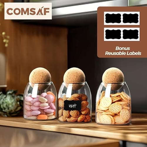 ComSaf Small Glass Jar with Ball Cork Lid 16 fl.oz Pack of 3, Decorative Cute Candy Coffee Suger Tea Jar, Versatile Used for Holding Salt Qtip Apothecary Cotton Swab and Gift thumbnail 5