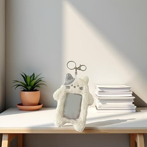 White Cartoon Plush Photocard Holder with Keychain Pendant Kawaii Cat Cute Card Sleeve Student Photocard Holder Photocard Keychain Card Cases Card and ID Cases，Identification Badges and Supplies thumbnail 6