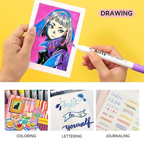 Arrtx 120 Colors Markers Paint Pens, Acrylic Paint Pens for Artists Adults Coloring Drawing Cartoon Anime Comic - Brush Tip for Rock Painting, Wood, Canvas, DIY Crafts Making Art Supplies thumbnail 5