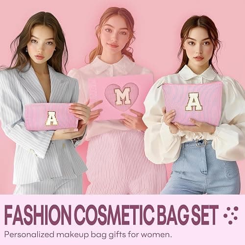 2 PCS Initial Makeup Bags for Women: Cosmetic Bag for Travel Toiletry - Birthday Gifts for 11 12 13 14 15 16 17 18 Years Old Girl Graduation Teacher Gift- Teen Girl Gifts Trendy Stuff - Pink A thumbnail 2