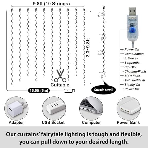HXWEIYE 300LED Fairy Curtain Lights, 9.8x9.8Ft USB, Remote & 8 Modes | Timer, Dimmable, String Lights for Bedroom Indoor Outdoor Weddings Parties and Decorations, Warm White thumbnail 5