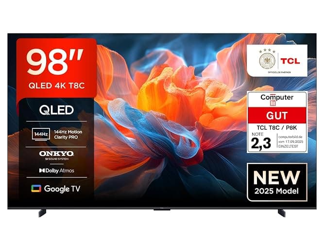 TCL 98T8C 98 Zoll QLED 4K HDR Ultra HD Fernseher, Smart TV mithilfe von Google TV (Dolby Vision Atmos, 144Hz Motion Clarity Pro, Game Bar, ALLM, FreeSync, Onkyo 2.1 Sound,Sprachsteuerung) - Image 1