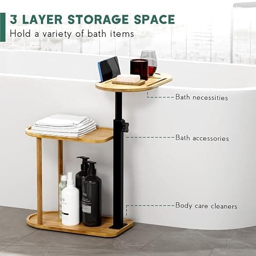Yumkfoi 3 Layer Bath Tub Tray Table, Freestanding Bamboo Bath Tray Caddy for Tub Against Wall, Bath Table Tray Tub Shelf Bathroom Organizer Shelf for Luxury Spa and House Warming New Home thumbnail 5