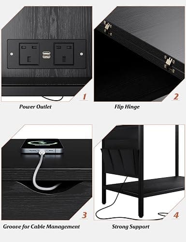 Nicehill Side Table with Charging Station, Narrow End Table with USB Ports, Outlets, Fabric Bags, Storage Shelf, Narrow Bedside Table for Small Rooms, Bedroom, Living Room, Classic Black thumbnail 8