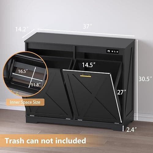 BORNOON Tilt Out Trash Can Cabinet for 2 Bins, Hidden Recycle Garbage Bin Enclosure, Wooden Double Laundry Cabinet with Odor Control, Negative Ion & Ozone, for Kitchen, Bathroom, Laundry Room thumbnail 2