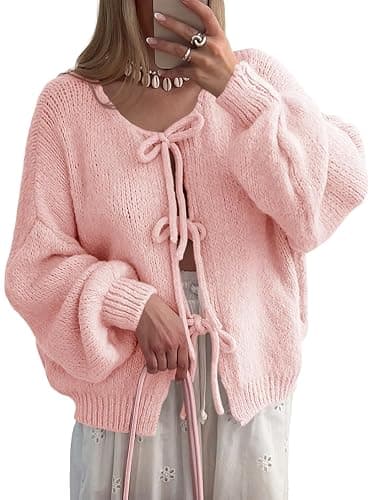 Saodimallsu Womens Tie Front Cardigan Sweaters Cute Bow Puff Long Sleeve 2025 Fall Loose Ribbed Knit Trendy Sweater Tops - Image 1