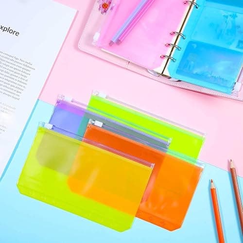 Zonon 12 Pcs A6 Binder Zipper Folders Pockets 6 Holes Budget Binder with Cash Envelopes PVC Loose Leaf Bag Waterproof Pouch Document Filing Bags(A6,Pink, Blue, Orange, Green, Yellow, Purple) thumbnail 7