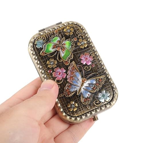 1pc Vintage Double-Sided Foldable Makeup Mirror Compact Portable Travel Cosmetic Mirror for Women High-Definition Present thumbnail 5