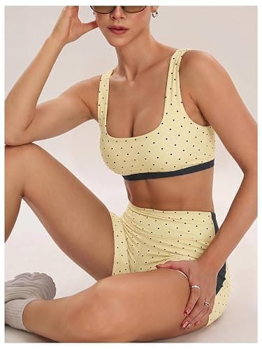 Milumia Women's Polka Dots Workout Set 2 Piece Color Block Bra Tank High Waisted Biker Shorts Layered Matching Yoga Outfit thumbnail 3
