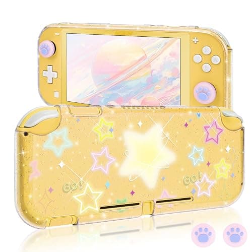 DLseego Protective Case Suitable for Switch Lite Console 2019, TPU Soft Shell Anti-Slip Shock-Absorption Crystal Protective Heart Games Case with 2 PCS Cute Cat Paw Thumb Grips Caps - Glitter Yellow - Image 1