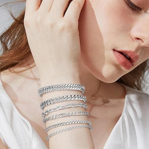 XIANNVXI 6 Pcs Stainless Steel Bracelets for Men Women Cuban Link Bracelet Rope Paperclip Chain Bracelets Set 6.5/7/7.5/8.3/9 Inches Mens Metal Bracelets thumbnail 6