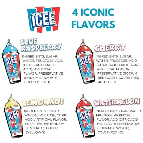 ICEE 4 Pack Slushie Syrups. Genuine ICEE Shaved Ice Snow Cone Syrup including Watermelon, Lemonade, Blue Raspberry & Cherry Flavors. 4 x 6.1floz. Perfect For Snow Cones, Slushies, Sodas & Ice Pops. thumbnail 5