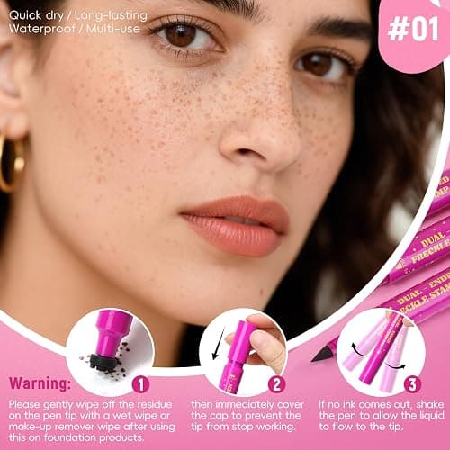 HOSAILY 2 in 1 Freckle Stamp Pen Waterproof for Natural Lifelike Faux Freckle Stamp Long Lasting Quick Dry Magic Fake Freckles Stain Marker Pen for Sunkissed Makeup 01#Light Brown thumbnail 2