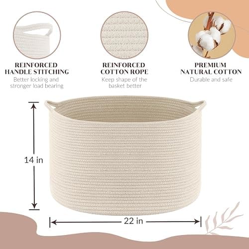 Large Storage Basket Rope Basket, Maliton Extra Large Cotton Rope Bin 22" x 22" x 14" XXXLarge Basket Woven Storage Basket Toy Bin with Handle Comforter Cushions Storage Bins Thread Laundry Hamper thumbnail 3