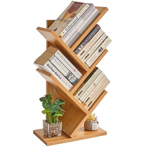 YMYNY 4 Tier Tree Bookshelf, Small Bookcase, Modern Wood Book Storage Rack, Freestanding Book Shelf for Books/Movies/CDs, Narrow Display Rack for Living Room, Home Office, Natural UHBC014N - Image 1
