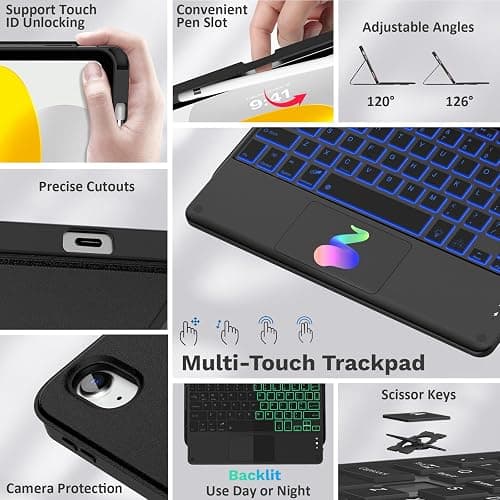 MoKo Touch Keyboard Case for iPad (A16) 11th/10th Gen,Nero | 7 Colors Backlit, Multi-TrackPad, with Pencil Holder, Auto Wake/Sleep, Compatible with iPad 11 inch 2025, iPad 10.9 inch 2020 thumbnail 3