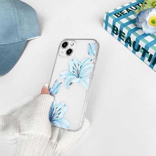 NITITOP Compatible with iPhone 13 Mini Case Clear Cute Butterfly Lily Flower Floral Pattern for Women Girls Full Camera Lens Clear Slim Shockproof Protective Phone Cover - Blue thumbnail 7