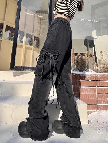 Unisex Y2K Star Patchwork Baggy Jeans – Wide Leg Distressed Denim Pants with Drawstring Waist and Cargo Pockets Streetwear thumbnail 7