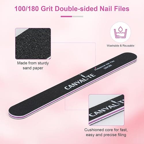 Canvalite Nail File and Buffer 100/180 Grit Emery Boards for Nails | Double sided emery board for gel prep, mini buffer block for smoothing, reusable nail care for beginners thumbnail 2