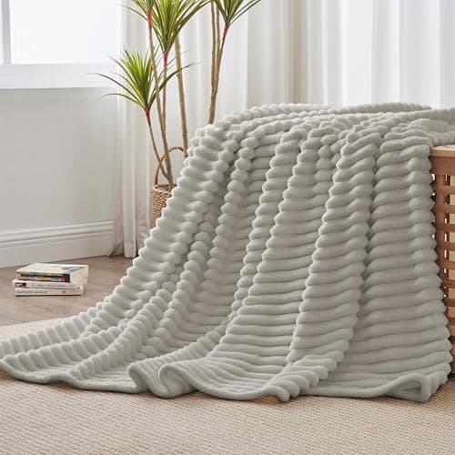 BEDELITE Fleece Throw Blanket for Couch - 300GSM Soft & Warm Fluffy Light Grey Blanket, Decorative and Giftable Striped Blankets for Women, Men, 50"x60" thumbnail 2