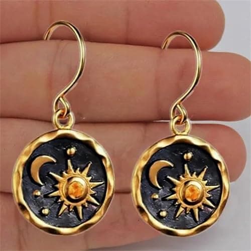 MALOYANVE Vintage Sun and Moon Drop Dangle Earrings for Women Unique lightweight Handmade Retro Boho Antiqued Gold Silver Round Coin Earrings for Women Jewelry thumbnail 5
