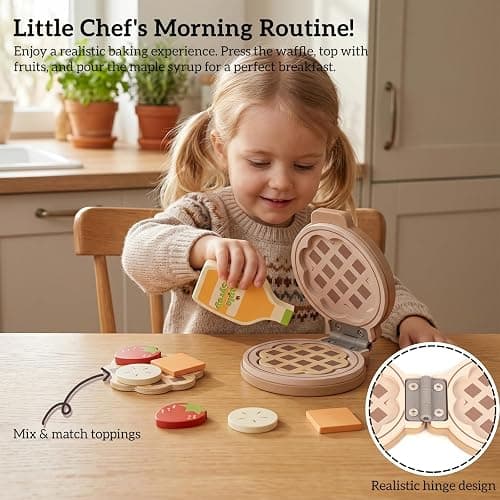 WOODENFUN Wooden Pretend Play Toy Waffle Maker Play Kitchen Accessories | Montessori Breakfast Play Food Set Birthday Gifts for 2 3 4 Years Old Toddlers Boys Girls thumbnail 4