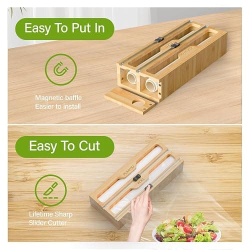 KOCWELL Bamboo Bag Storage Organizer - 2 Wrap Dispenser with Cutter & 4 Slots Food Storage Bags Container - Kitchen Drawer Plastic Bags Storage Organization for Gallon Quart Sandwich Snack Bags thumbnail 6