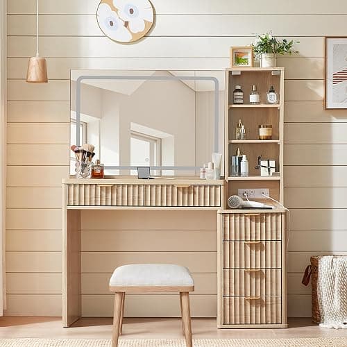 LEYAOYAO Vanity Desk with Mirror and Lights, 43.5'' Fluted Makeup Vanity with 6 Drawers and Adjustable Shelves, Natural Wood Make Up Vanity Dressing Table with Glass Top and Power Outlet for Bedroom - Natural Wood thumbnail 6