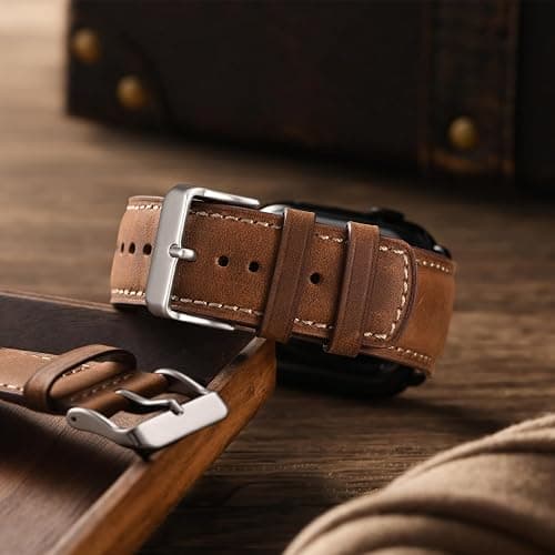 SUNFWR Leather Bands Compatible with Apple Watch Band 49mm 45mm 44mm 42mm for Men Women, Genuine Leather Replacement Strap for iWatch Ultra 2, Ultra, SE2, SE, Series 9 8 7 6 5 4 3 2 1 (Red thumbnail 3