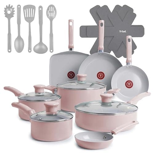 T-Fal Refresh Ceramic Pots and Pans Set, Nonstick Cookware, 20-Piece, Oven Safe to 350°F, Ceramic Cookware Set, Stockpot, Griddle, Frying Pans, Utensils, Dusty Rose - Image 1