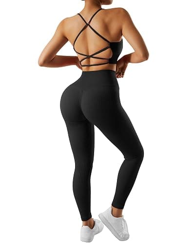 RXRXCOCO Ribbed Workout Sets for Women 2 Piece Backless Strappy Sports Bra Seamless Leggings Matching Set Yoga Outfits thumbnail 4