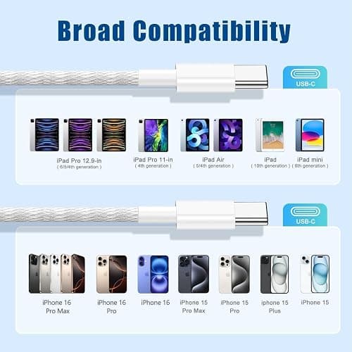 USB C to C Fast Charger Cable 10ft, Long Type C to USB C Charging Cord Wire for Apple iPhone 17 Pro Max/17 Air/16 Pro/15 Plus,MacBook Pro 2021/2020/2019/2018,iPad 12.9/11 inch/Mini/Air,Samsung Galaxy thumbnail 6
