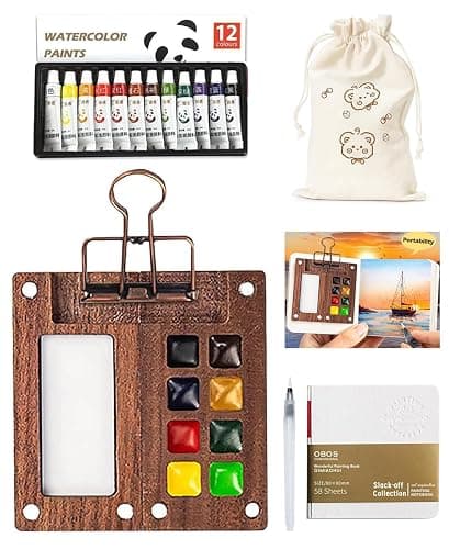 Pocket Artist Watercolor Travel Set, Travel Paint Palette, Wooden Paint Palette Travel Kit, Mini Portable Watercolor Palette with Clip for Artists Painters Students (12 Colors 8 Grid Set) - Image 1