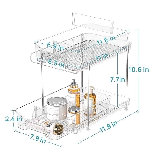 Vtopmart 4 Pack 2 Tier Bathroom Under Sink Organizers and Storage, Clear Kitchen Pantry Organization, Pull Out Medicine Cabinet Organizer with Movable Dividers - Clear - 4 Pack-with Dividers thumbnail 2