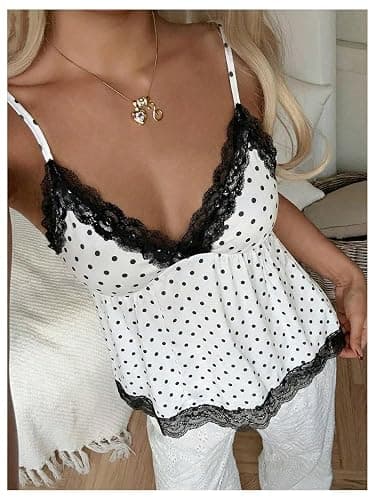 SweatyRocks Women's Lace Polka Dots Babydoll Top Y2k Flowy Going Out Tops | Peplum Ruffle Shirts, Cute Tank Top, Beach Vacation Coquette Outfits thumbnail 3
