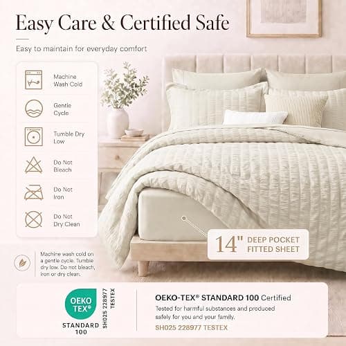 CozyLux King Size Comforter Set, 7 Pieces Oatmeal Seersucker Bed in a Bag | OEKO-TEX Certified, All Season Bedding Set with 240 GSM Down Alternative Comforter, Flat & Fitted Sheets, Pillowcases & Shams thumbnail 5