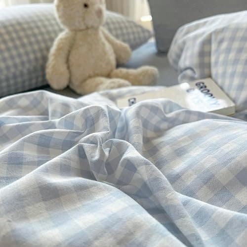 mixinni Gingham Comforter Set Twin XL Size - 3 Piece Light Blue Plaid Farmhouse Bedding, Soft Washed Cotton All-Season Comforter & Pillow Shams, Grid Pattern Classic Style for Boys Girls thumbnail 7