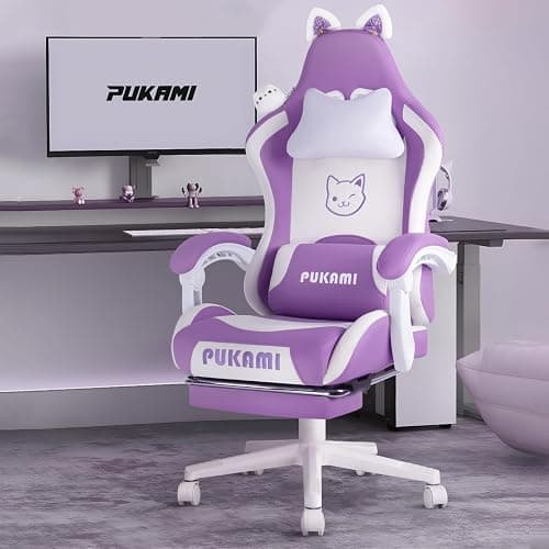 PUKAMI Gaming Chair Cute with Cat Ears,Ergonomic Computer Chair for Girl with Footrest and Headrest,Comfortable Reclining PC Game Chair for Adult,Teen (Purple) - Purple - Image 1