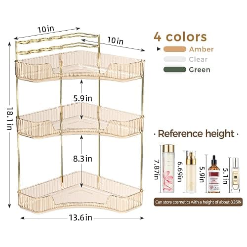 BEFSOP Corner Bathroom Counter Organizer, Upgraded 3-Tier Makeup Organizer Countertop with Makeup Brush Holder, Skincare Exquisite Vanity Organizers Countertop Bathroom Storage Dresser(GOLD) thumbnail 2