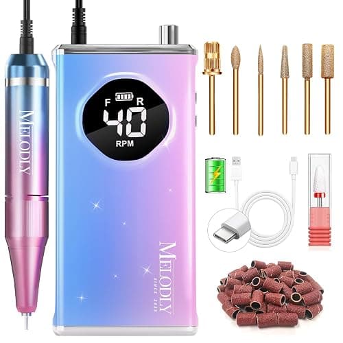 Electric Nail Drill File Professional 40000 RPM, Melodly Rechargeable Electric Nail File Machine Kit for Acrylic Gel Nails Polishing Removing, Portable Cordless Efile with Gold Bits Kit at Salon Home - Image 1