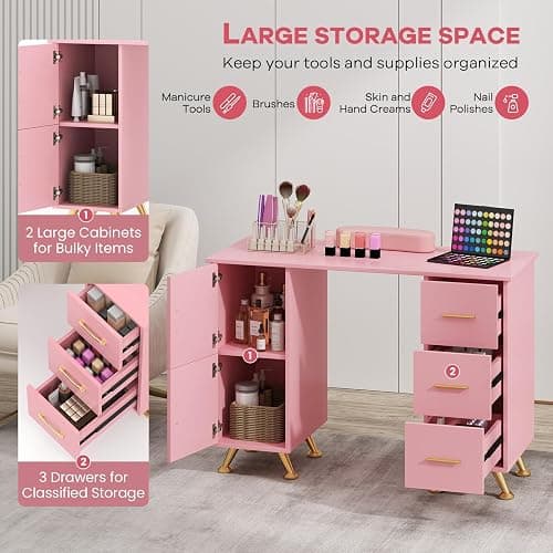 WELLHUT Nail Table for Nail Tech, Manicure Table w/Movable Wrist Rest, Acetone Resistant Nail Desk Salon Station Workstation with 3 Drawers, 2 Large Cabinets for Home Office Spa Beauty Salon thumbnail 3